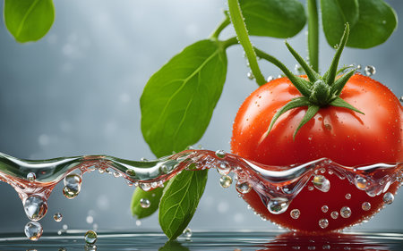 Fresh tomato with water splash on grey background. Healthy food concept.の素材