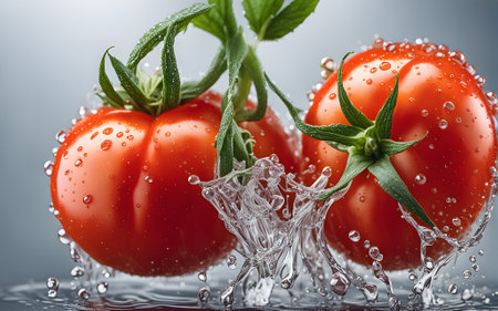 Fresh tomatoes with water splash on grey background. Shallow dof.の素材