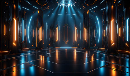 3D abstract background with neon lights and reflections. 3d illustrationの素材