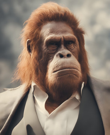 Orangutan in mafia boss style, Anthropomorphic animals, Portrait photography, AI generated image.の素材