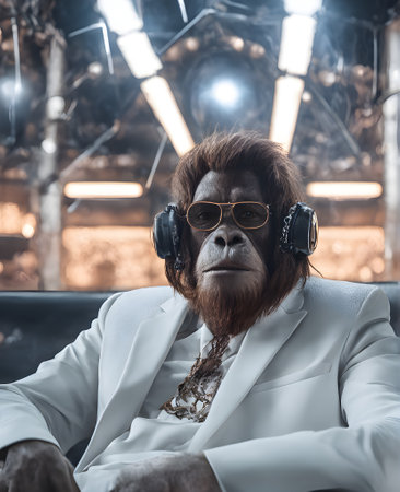 Orangutan in mafia boss style, Anthropomorphic animals, Portrait photography, AI generated image.の素材