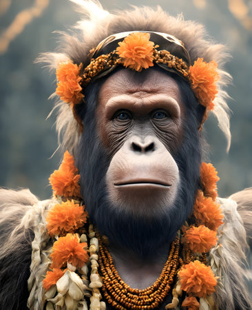 Orangutan cinematic portrait, human interest style photography, Anthropomorphic animals, Portrait photography, AI generated image.の素材