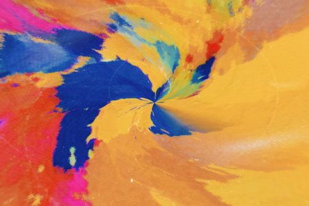 Abstract background of acrylic paint in yellow, blue and red tones.の写真素材