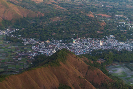 View of Sembalun village with a thin mist in the morningの写真素材