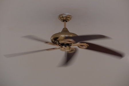 Classic brass ceiling fan with dark wooden blades spinning rapidly overhead