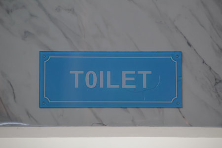 Blue Rectangular Toilet Sign Mounted on a Grey Marble Patterned Wallの写真素材