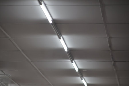 Fluorescent ceiling lights illuminating office space, creating geometric pattern with grid, providing ambient lighting for productivity and workspace designの写真素材