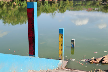 Measurement of the water level in the riverの写真素材