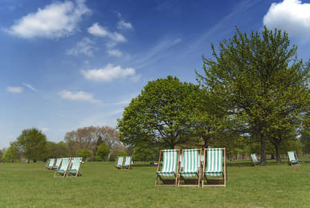 Deckchairs in Hyde Park, London in summerの写真素材