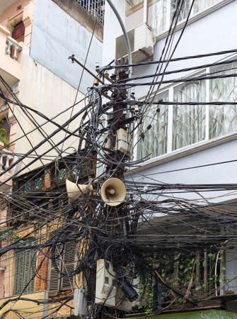 Power cables in Hanoi, Vietnam in SE Asiaの写真素材