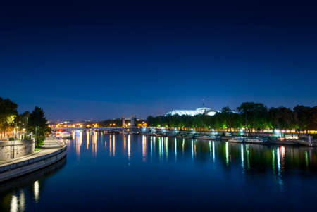 Seine river and view on the Grand Palais on the sunrise, Paris, Franceの写真素材