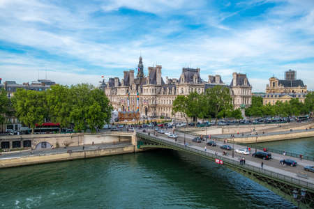 City Hall and Pont d Arcole in Paris at Sunset from Hotel Dieuのeditorial素材