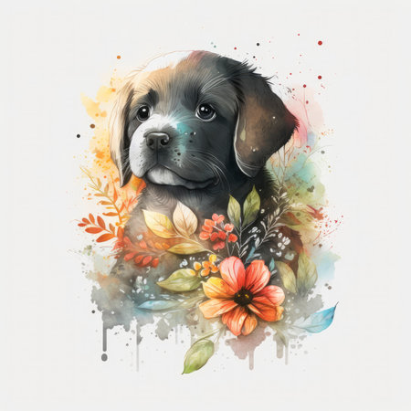 Watercolor painting of a puppy with flowers and leaves on a white backgroundの素材