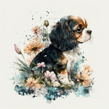 Watercolor portrait of a Cavalier King Charles Spaniel with flowersの素材