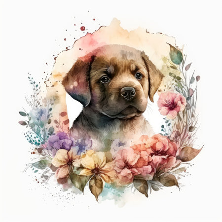 Watercolor portrait of a Labrador Retriever in a floral frameの素材