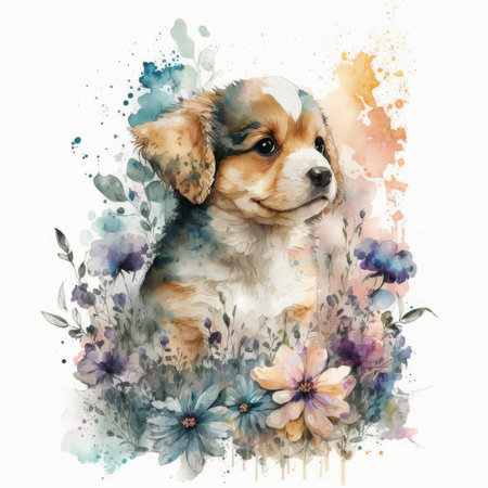 Watercolor portrait of a cute puppy with flowers on a white backgroundの素材