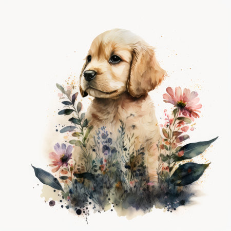 Cute golden retriever puppy with flowers. Watercolor painting.の素材