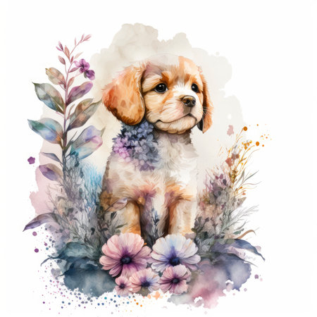 Cute puppy with flowers. Watercolor illustration on white background.の素材
