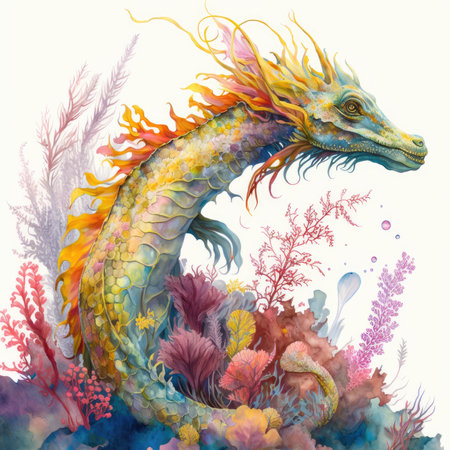 Colorful dragon and algae on white background. Watercolor illustration.の素材