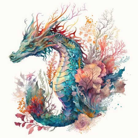 Watercolor dragon and seaweed on white background. Hand drawn illustrationの素材