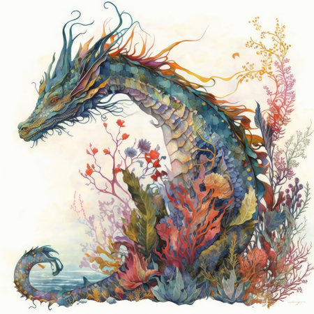 Watercolor dragon and seaweed. Hand drawn illustration for design.の素材