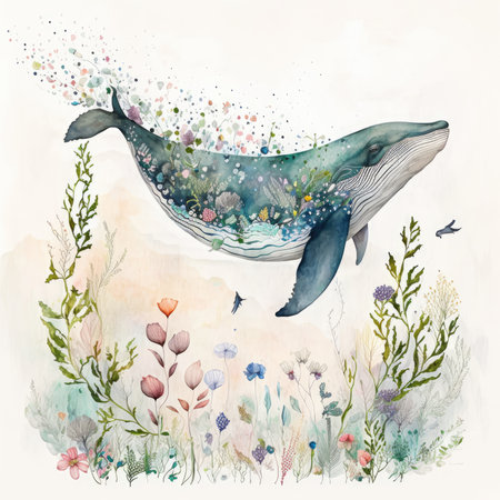 Watercolor illustration of a whale in the sea with flowers and plantsの素材