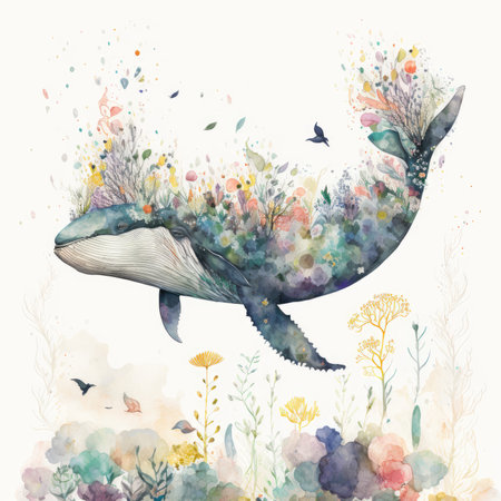 Watercolor illustration of a cute whale swimming in the sea. Hand drawn illustrationの素材