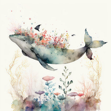 Watercolor illustration of a whale in the sea. Underwater world.の素材