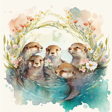 Watercolor illustration of cute baby otters in a wreath of flowersの素材