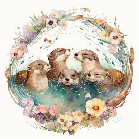 Watercolor illustration of a group of otters in a wreath of flowersの素材
