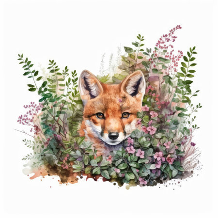Watercolor illustration of fox with flowers and leaves isolated on white backgroundの素材