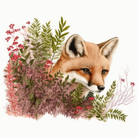 Watercolor illustration of a fox with flowers and leaves, isolated on white backgroundの素材