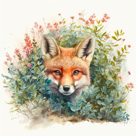 Watercolor fox illustration. Hand drawn watercolor fox portrait with flowers.の素材