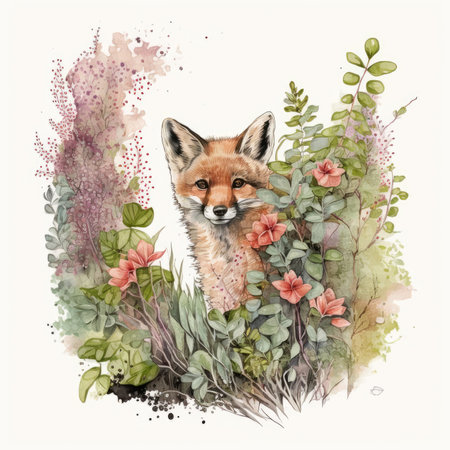 Watercolor fox with flowers. Watercolor illustration of a fox with flowers.の素材