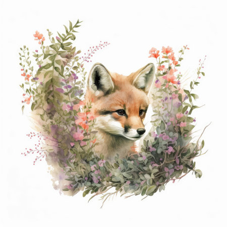 Watercolor fox in flowers. Isolated on white background. Hand drawn illustration.の素材