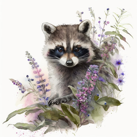 Watercolor raccoon with flowers. Isolated on white background.の素材