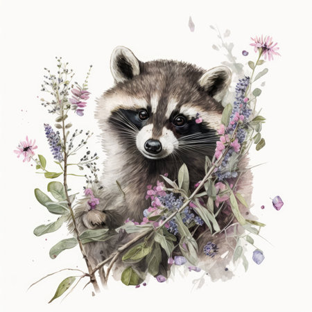 Watercolor raccoon with flowers isolated on white background. Hand drawn illustration.の素材