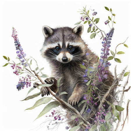 Raccoon sitting on a branch with flowers, isolated on white backgroundの素材