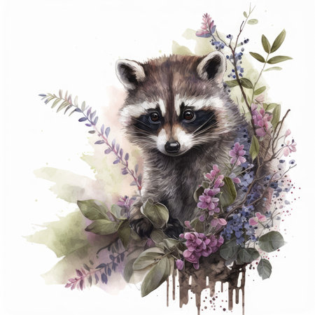 Watercolor raccoon with flowers on white background. Watercolor illustration.の素材