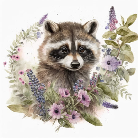 Watercolor raccoon portrait with wildflowers on white background.の素材
