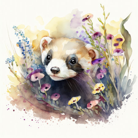 Watercolor portrait of a ferret with wildflowers. Hand drawn illustration.の素材