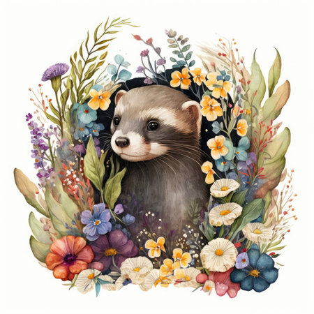Watercolor illustration of a ferret in a wreath of flowersの素材