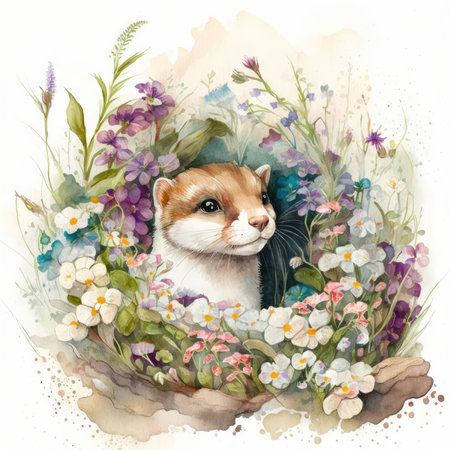 Watercolor illustration of a cute cat in a wreath of flowersの素材