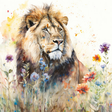 Watercolor portrait of a lion in a field of wild flowers.の素材