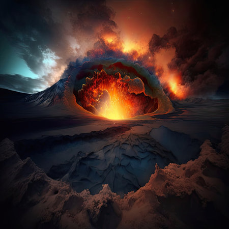Volcanic eruption with lava and smoke. 3d illustration.の素材