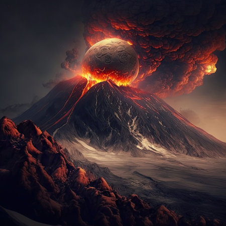 Volcano eruption with planet in the background. 3D illustration.の素材