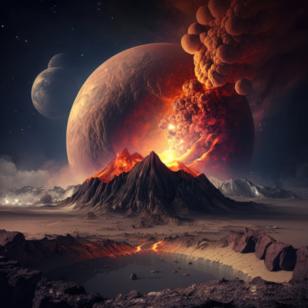 Volcanic eruption in the night sky. 3d illustration.の素材