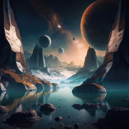 Fantasy alien planet. Mountain and lake. 3D illustration.の素材