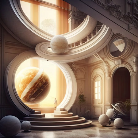 Modern interior with stairs, round window and planet. 3D Renderingの素材