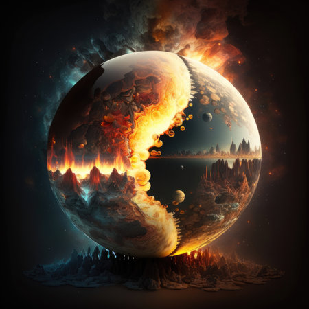 Flaming planet with fire and smoke in space, 3d illustrationの素材